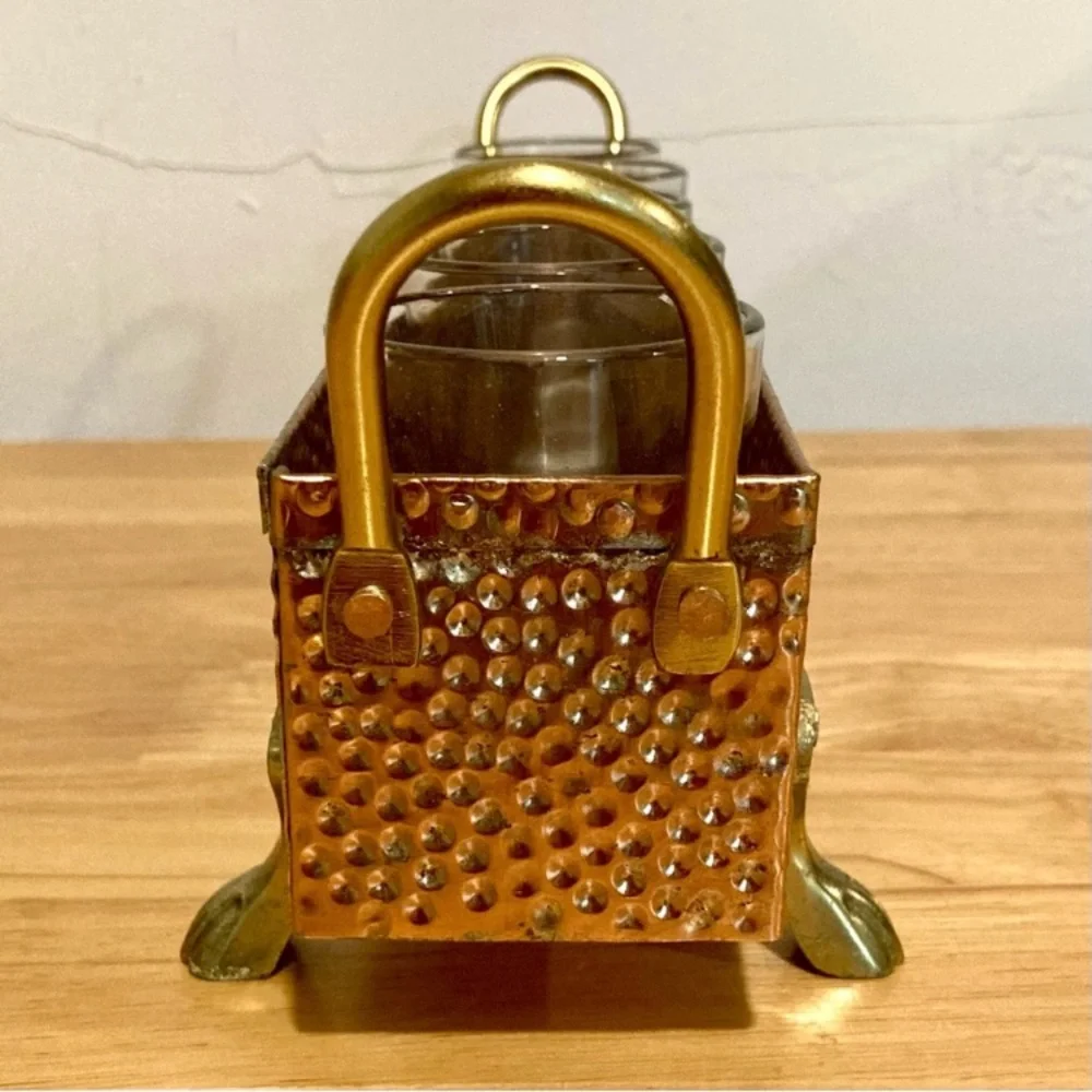 Hammered Metal Footed Container with 5 Glass Votive Holders Used Copper Colored - Picture 8 of 15